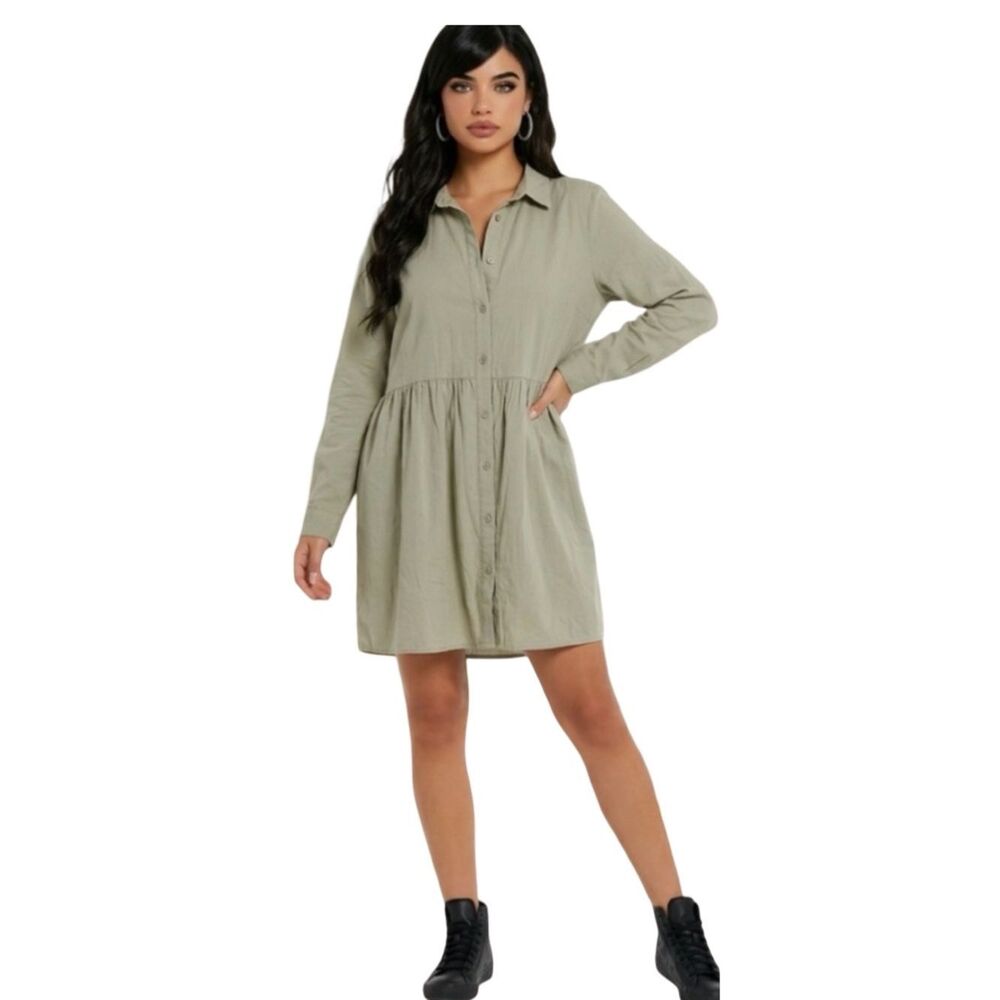 🛍️ ASOS DESIGN Long Sleeve Cotton Mini Shirt Button light Sage Green Green Sz 18